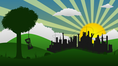 A cartoon landscape with hills and a skyline in the background and a tree with an hour glass tied to it in the foreground