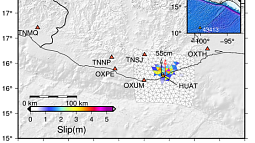 A slip model of an earthquake based on high-rate GNSS data from the TLALOCNet network in Mexico; credit: NASA, Diego Melgar