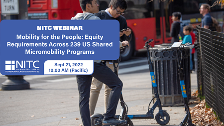 Details for the upcoming NITC webinar are displayed over an image of two people preparing to use e-scooters. In the background of the image, a red bus picks up passengers.