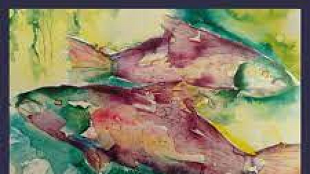 An abstract image of salmon is shown. The salmon are done in pink and teal watercolors and are portrayed swimming against a yellow-green watercolor background. 