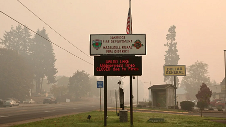 Wildfire smoke tinges everything a toxic grey-orange color in Oakridge, Oregon. 