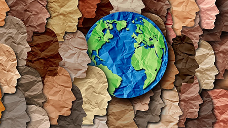 Paper-texture digital illustration showing side profiles of people layered around a globe