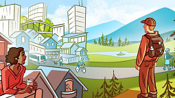 A stylized illustration shows a woman holding a coffee cup and looking out at the scenery from the rooftop of a house. Standing nearby, a man in a baseball cap wearing a backpack looks in the opposite direction, toward a city that reaches out to grassy fields. Mountains, a river, and blue sky populate the background. 