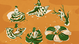An illustration shows six people arranged floating in a circle on an orange sea. Each person rests on either a flower, a leaf, a shell, or a dead tree.  