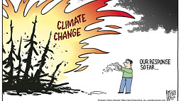 A cartoon shows a giant fire labeled "climate change" next to a person trying to pour a small bucket of water on the fire. The cartoon is title "Our Response So Far...". 