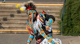 Sam RidingIn performs a Grass Dance during a ceremony marking Indigenous Peoples' Day in the ERB Memorial Union Fish Bowl on the University of Oregon campus. 