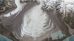 Overhead shot of glacial area that is now more mud than ice. 